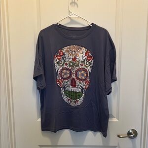 Purple T-Shirt with Colorful Skull Design